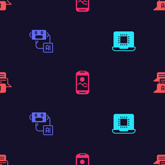 Set Processor CPU, Artificial intelligence robot, Mobile phone and Chat on seamless pattern. Vector