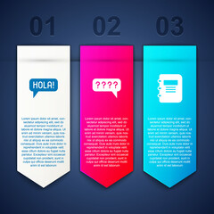 Set Hola in different languages, Speech bubbles with Question and Notebook. Business infographic template. Vector © vector_v