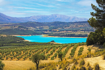 Beautiful idyllic rural spanish countriside valley landscape, blue turquoise picturesque swimming lake, olive groves, mountains - Reservoir Vinuela, Malaga Area, Spain