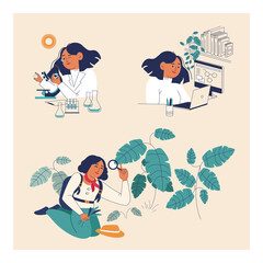 Illustration set of people. Set of illustrations of woman working in scientific field. Young researcher, scientist, student.