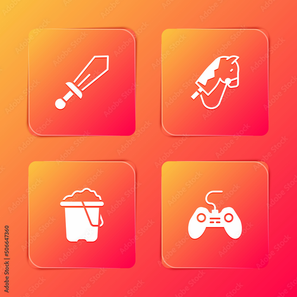 Wall mural set sword toy, toy horse, sand in bucket and gamepad icon. vector