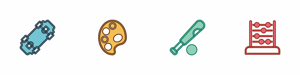 Set Skateboard, Palette, Baseball bat with ball and Abacus icon. Vector