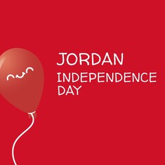 Illustration of jordan independence day text by smiley balloon against red background, copy space