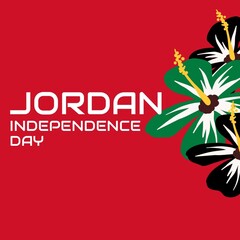 Illustration of jordan independence day text by flowers on red background, copy space