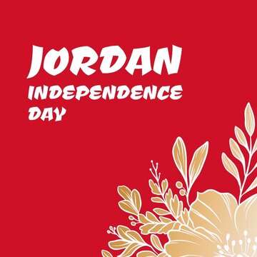 Illustration of jordan independence day text and flowers over red background, copy space