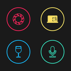 Set line Wine glass, Microphone, Medical clinical record and Camera shutter icon. Vector