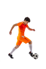 Professional football, soccer player in motion isolated on white studio background. Concept of sport, match, active lifestyle, goal and hobby