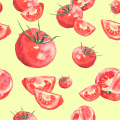 Seamless watercolor pattern of red tomatoes. Vintage drawing of vegetables. For used on card, wallpaper, poster, banner, panel or frame. Vegetables, red tomatoes, cherry tomatoes, watercolor.Vintage