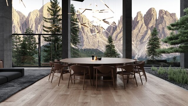 Modern loft large concrete structure space dining with large table, cozy chairs and view to dolomiti mountains and trees 3d rendering	
