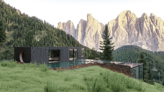 Modern stylish concrete villa with large windows, view to mountains, forest, and deck with pool