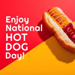 Fotobehang Composite of enjoy national hot dog day text with hot dog on red and yellow background, copy space © vectorfusionart