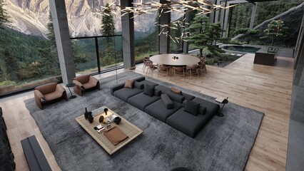 Modern loft large concrete structure space living room with garden, large bonsai trees and view to dolomiti mountains 3d rendering	