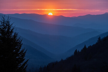 Sun Rising Over Layers of Mountains From Mill Overlook