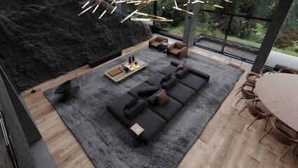 Modern loft large concrete structure space living room with stone wall, decorations, and view to dolomiti mountains 3d rendering	