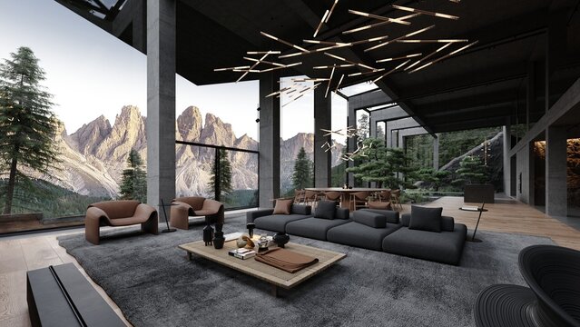 Modern loft large concrete structure space living room with garden, large bonsai trees and view to dolomiti mountains 3d rendering	
