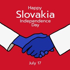 Illustration of cropped hands giving handshake with happy slovakia independence day and july 17 text