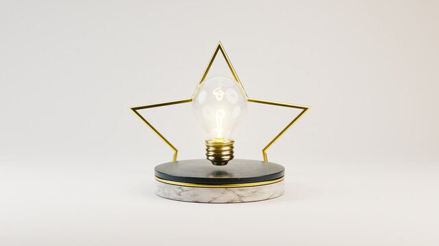 lightbulb on a stage with a golden star in front of light grey background