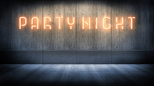 neon sign with message PARTY NIGHT on a dark wall
