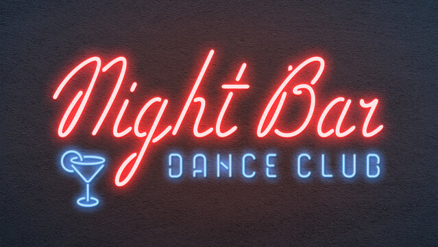 neon sign with message NIGHT BAR, DANCE CLUB on a dark wall