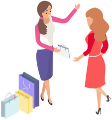 Fototapeta premium Shop assistant offering choice to female buyer. Woman choosing and buying during shopping. Seller and shopper in store. Girl near bags, packages with purchases. Shopping in boutique concept
