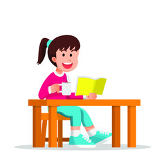 little girl reading a book while enjoying a warm drink