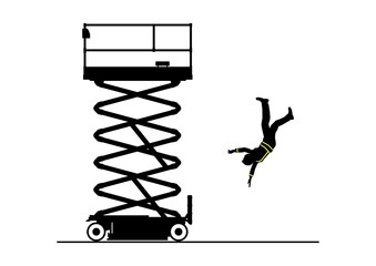 Fall from work platform hazard. Scissor lift safety concept. Vector silhouettes.
