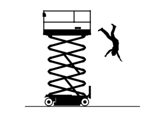 Fall from work platform hazard. Scissor lift safety concept. Vector silhouettes.
