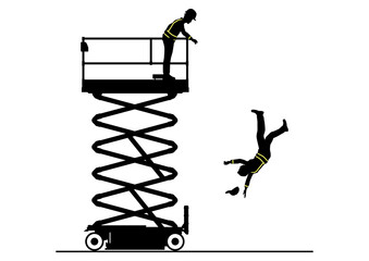Fall from work platform hazard. Scissor lift safety concept. Vector silhouettes. - 506649559