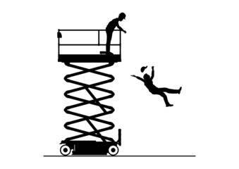 Fall from work platform hazard. Scissor lift safety concept. Vector silhouettes. - 506649560