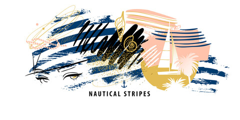 Fashion collage with nautical stripes pattern - obrazy, fototapety, plakaty