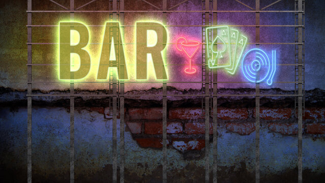 neon sign with message BAR on a dark wall