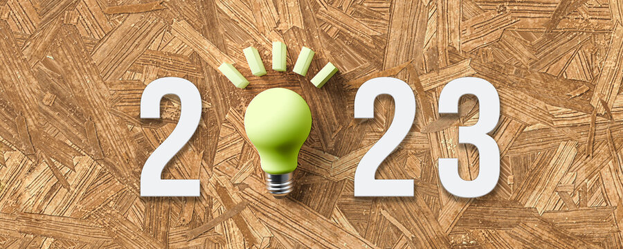 number 2023 with a lightbulb as a zero on particle board background