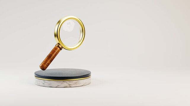 magnification glass symbol on a stage in front of light grey background