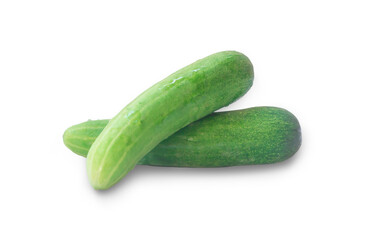 Two fresh green cucumbers vegetable in stack, heap or pile isolated on white background with clipping path