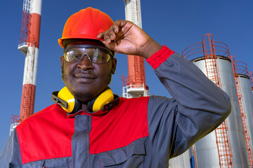 Oil Refinery Worker in Personal Protective Equipment Looking At Camera. Young African-American Oil Worker in Red Hardhat Standing In Front Of Oil Industry Storage Tanks.