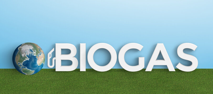 globe symbol and message BIOGAS on grass surface and blue background