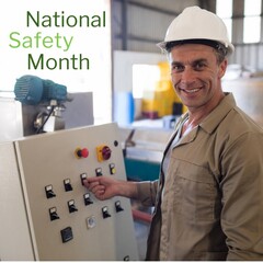 National safety month text by confident caucasian male engineer in workwear at industry, copy space