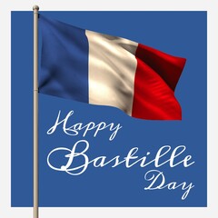 Illustratie van de tekst van de gelukkige bastille-dag met nationale vlag van Frankrijk op blauwe achtergrond, kopieer ruimte