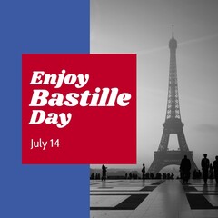 Composite of enjoy bastille day with july 14 text and eiffel tower against sky in city, copy space
