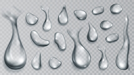 Set of realistic translucent water drops in gray colors in various shape and size, isolated on transparent background. Transparency only in vector format