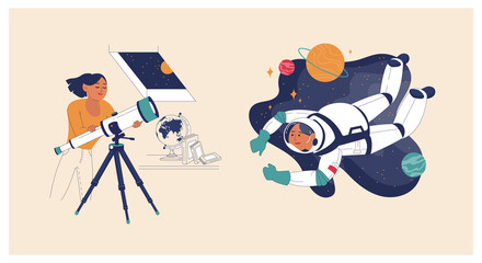 Young astronaut woman in space. Set of illustrations of woman working in scientific field, astronaut, astronomer, researcher. - obrazy, fototapety, plakaty