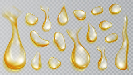 Set of realistic translucent water drops in yellow colors in various shape and size, isolated on transparent background. Transparency only in vector format