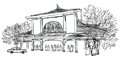 Freehand black and white sketch of Bandung city train station, West Java, Indonesia. Vector illustration