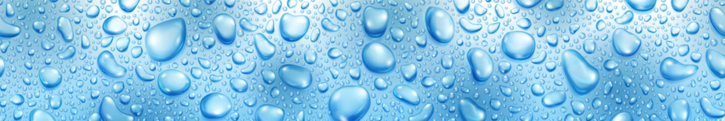 Banner of big and small realistic water drops in light blue colors, with seamless horizontal repetition