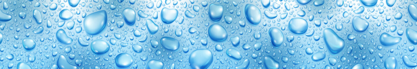 Banner of big and small realistic water drops in light blue colors, with seamless horizontal repetition