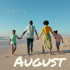 Composite of african american family holding hands and walking at beach and hello august text - obrazy, fototapety, plakaty