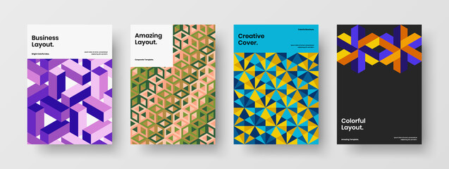 Simple corporate identity A4 design vector illustration set. Vivid geometric hexagons magazine cover concept composition.