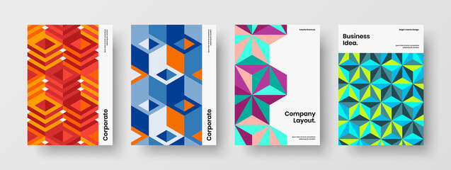 Obraz premium Original company brochure A4 vector design illustration set. Vivid mosaic tiles annual report concept bundle.