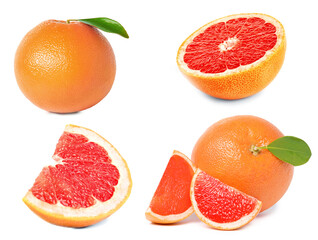 Set with whole and cut ripe juicy grapefruits on white background