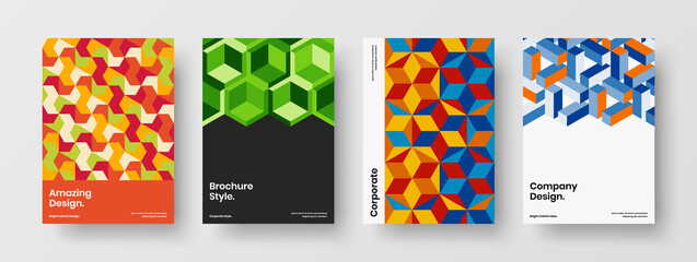 Fototapeta premium Original geometric hexagons annual report template collection. Vivid presentation A4 design vector layout composition.
